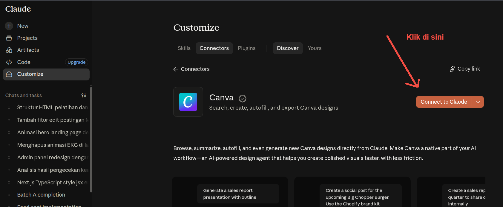 4. Connect Claude.ai ke Canva