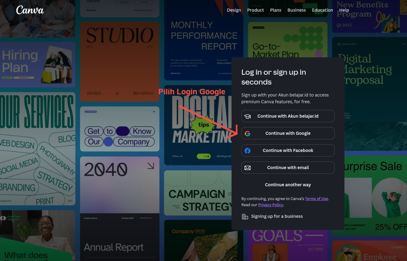 5. Masuk Canva dengan email